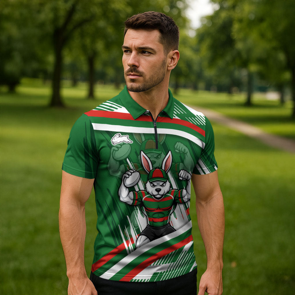 Rabbitohs Rugby Mascot Zipper Polo Shirt Fierce Athlete Graphic in Sports Style