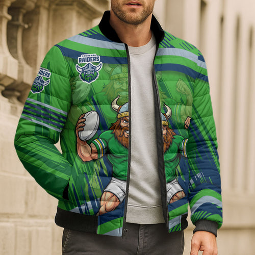 Canberra Raiders Rugby Mascot Bomber Puffer Jacket Fierce Athlete Graphic in Sports Style