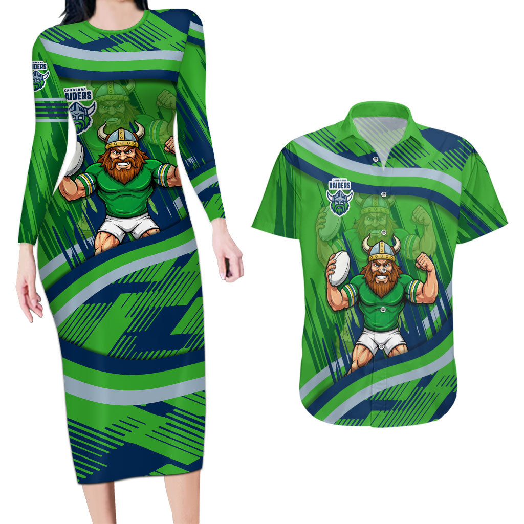Canberra Raiders Rugby Mascot Couples Matching Long Sleeve Bodycon Dress and Hawaiian Shirt Fierce Athlete Graphic in Sports Style