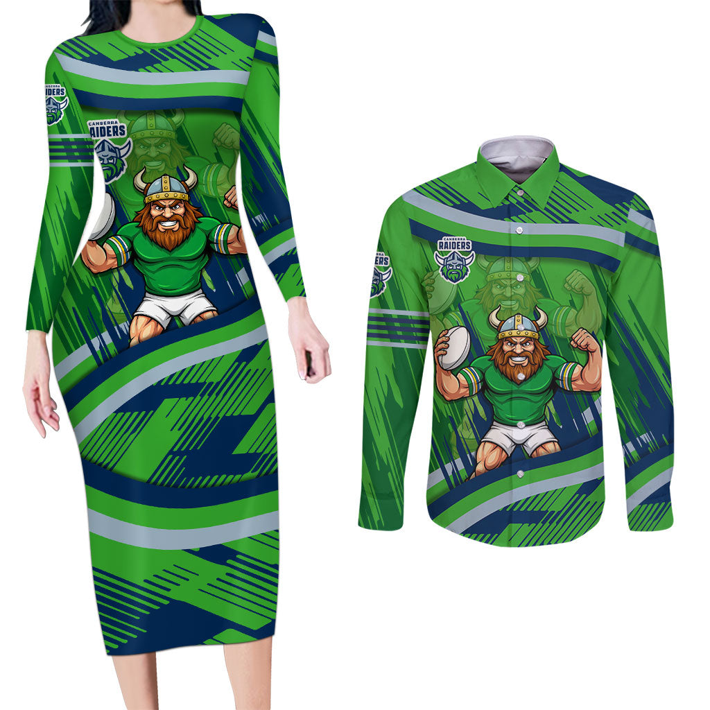 Canberra Raiders Rugby Mascot Couples Matching Long Sleeve Bodycon Dress and Long Sleeve Button Shirt Fierce Athlete Graphic in Sports Style