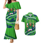 Canberra Raiders Rugby Mascot Couples Matching Mermaid Dress and Hawaiian Shirt Fierce Athlete Graphic in Sports Style