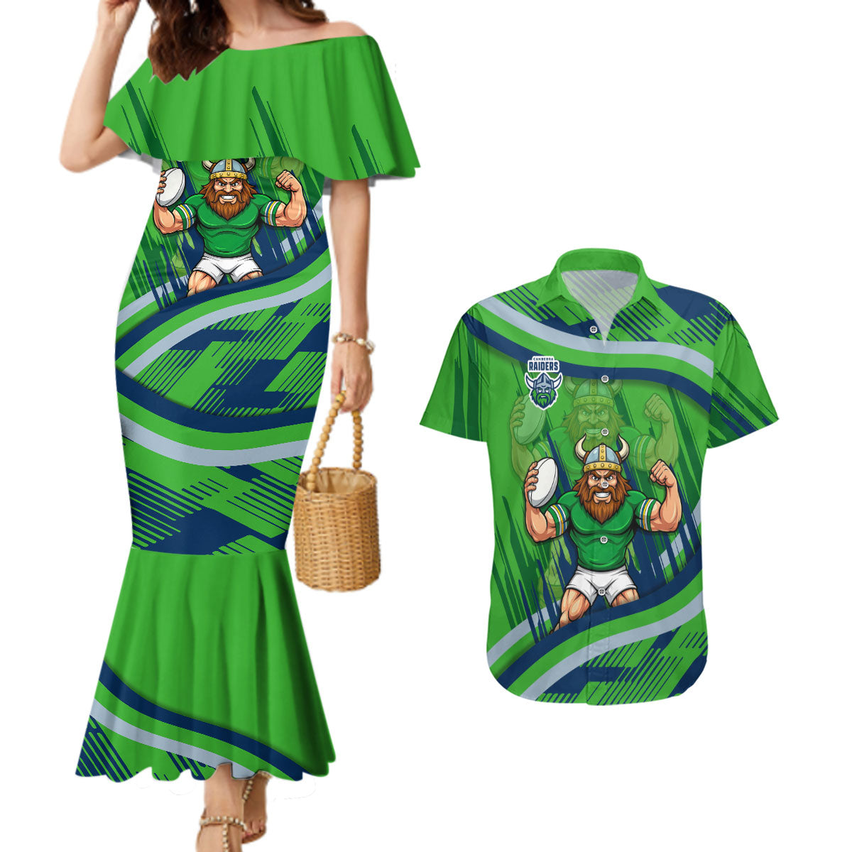 Canberra Raiders Rugby Mascot Couples Matching Mermaid Dress and Hawaiian Shirt Fierce Athlete Graphic in Sports Style
