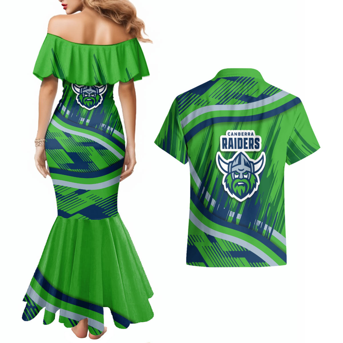 Canberra Raiders Rugby Mascot Couples Matching Mermaid Dress and Hawaiian Shirt Fierce Athlete Graphic in Sports Style