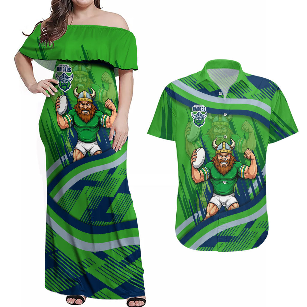 Canberra Raiders Rugby Mascot Couples Matching Off Shoulder Maxi Dress and Hawaiian Shirt Fierce Athlete Graphic in Sports Style