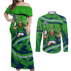 Canberra Raiders Rugby Mascot Couples Matching Off Shoulder Maxi Dress and Long Sleeve Button Shirt Fierce Athlete Graphic in Sports Style