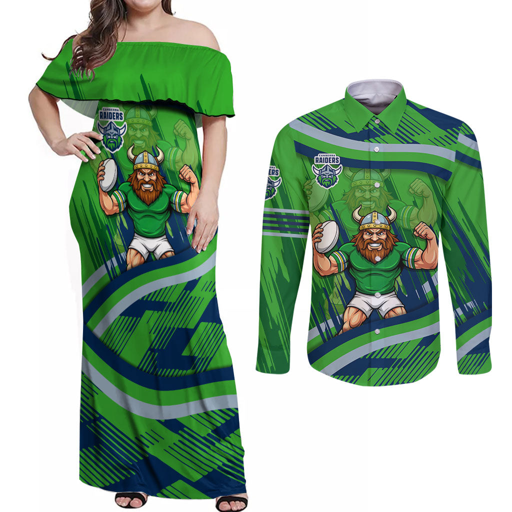 Canberra Raiders Rugby Mascot Couples Matching Off Shoulder Maxi Dress and Long Sleeve Button Shirt Fierce Athlete Graphic in Sports Style