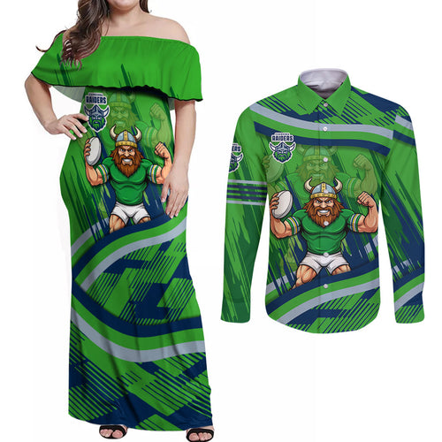 Canberra Raiders Rugby Mascot Couples Matching Off Shoulder Maxi Dress and Long Sleeve Button Shirt Fierce Athlete Graphic in Sports Style