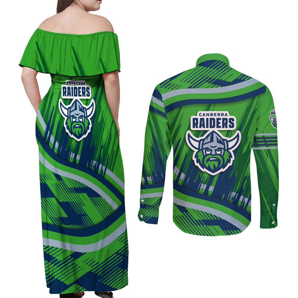 Canberra Raiders Rugby Mascot Couples Matching Off Shoulder Maxi Dress and Long Sleeve Button Shirt Fierce Athlete Graphic in Sports Style