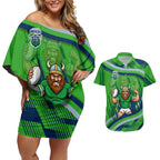 Canberra Raiders Rugby Mascot Couples Matching Off Shoulder Short Dress and Hawaiian Shirt Fierce Athlete Graphic in Sports Style