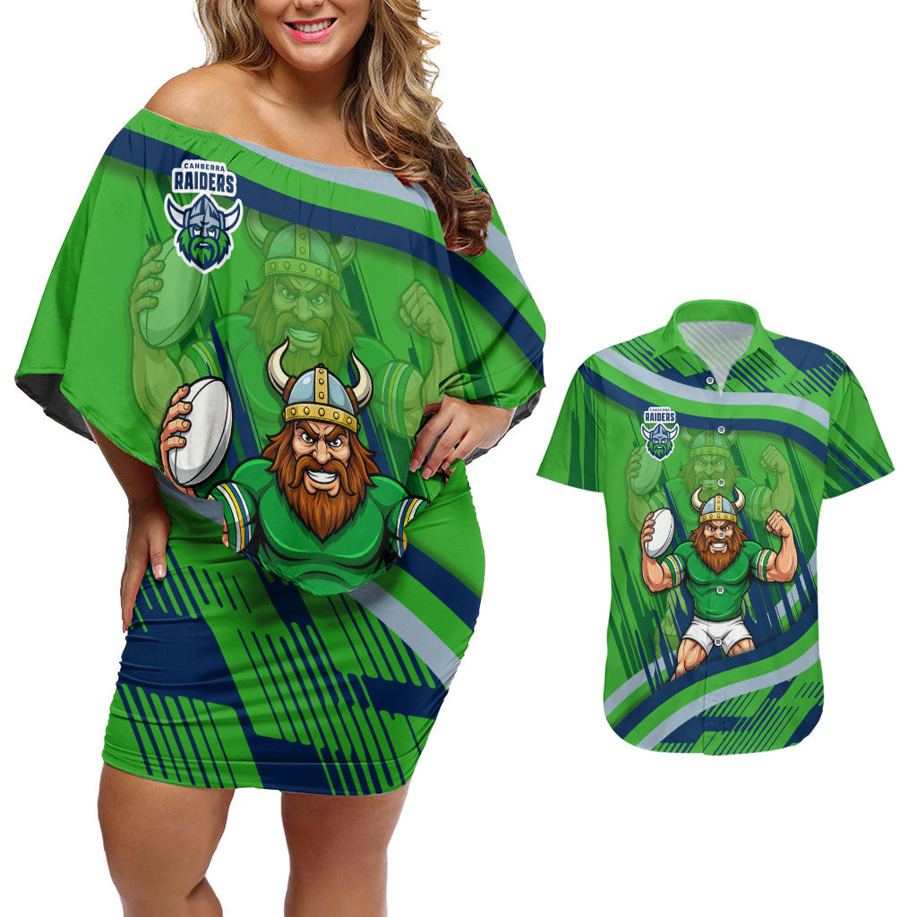 Canberra Raiders Rugby Mascot Couples Matching Off Shoulder Short Dress and Hawaiian Shirt Fierce Athlete Graphic in Sports Style