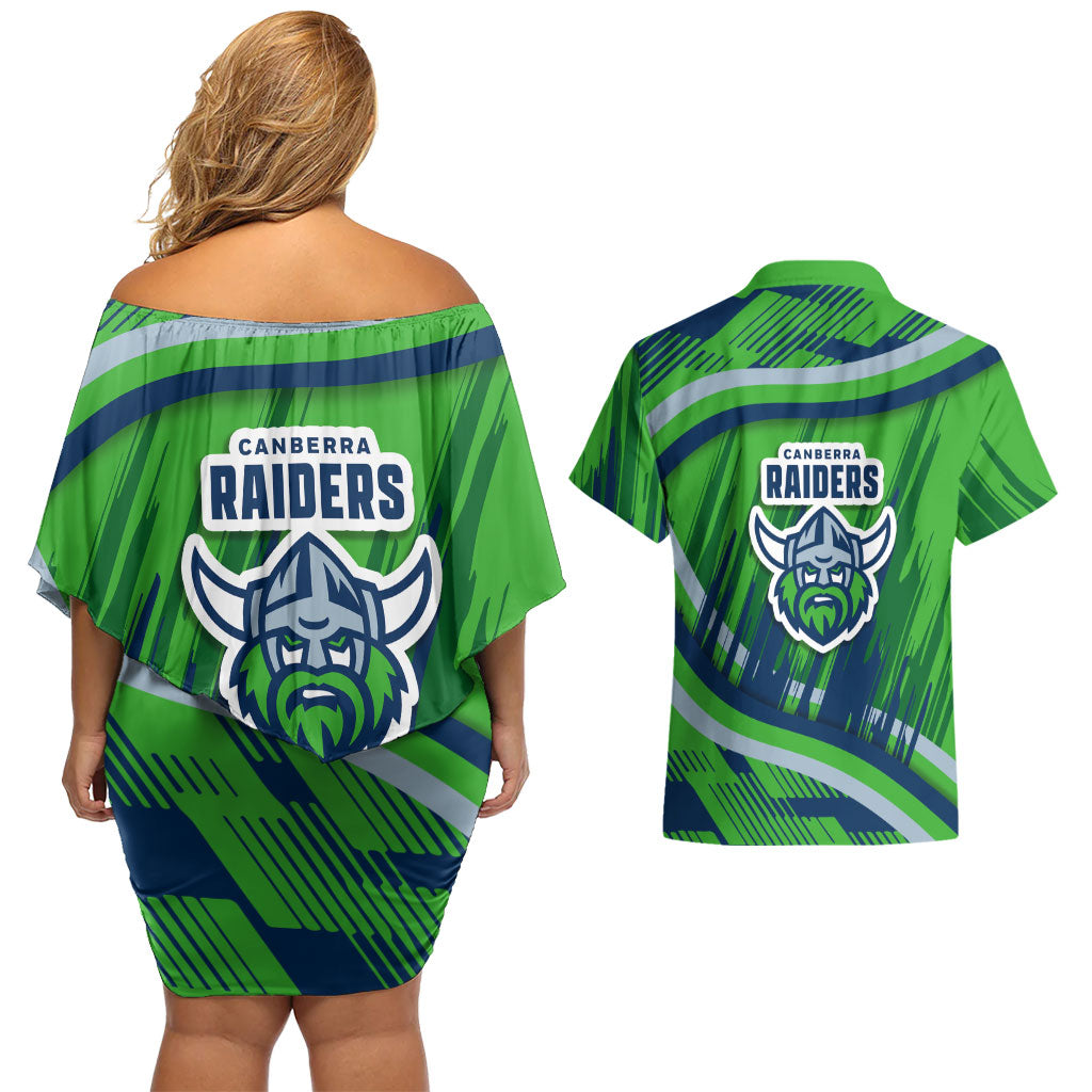 Canberra Raiders Rugby Mascot Couples Matching Off Shoulder Short Dress and Hawaiian Shirt Fierce Athlete Graphic in Sports Style