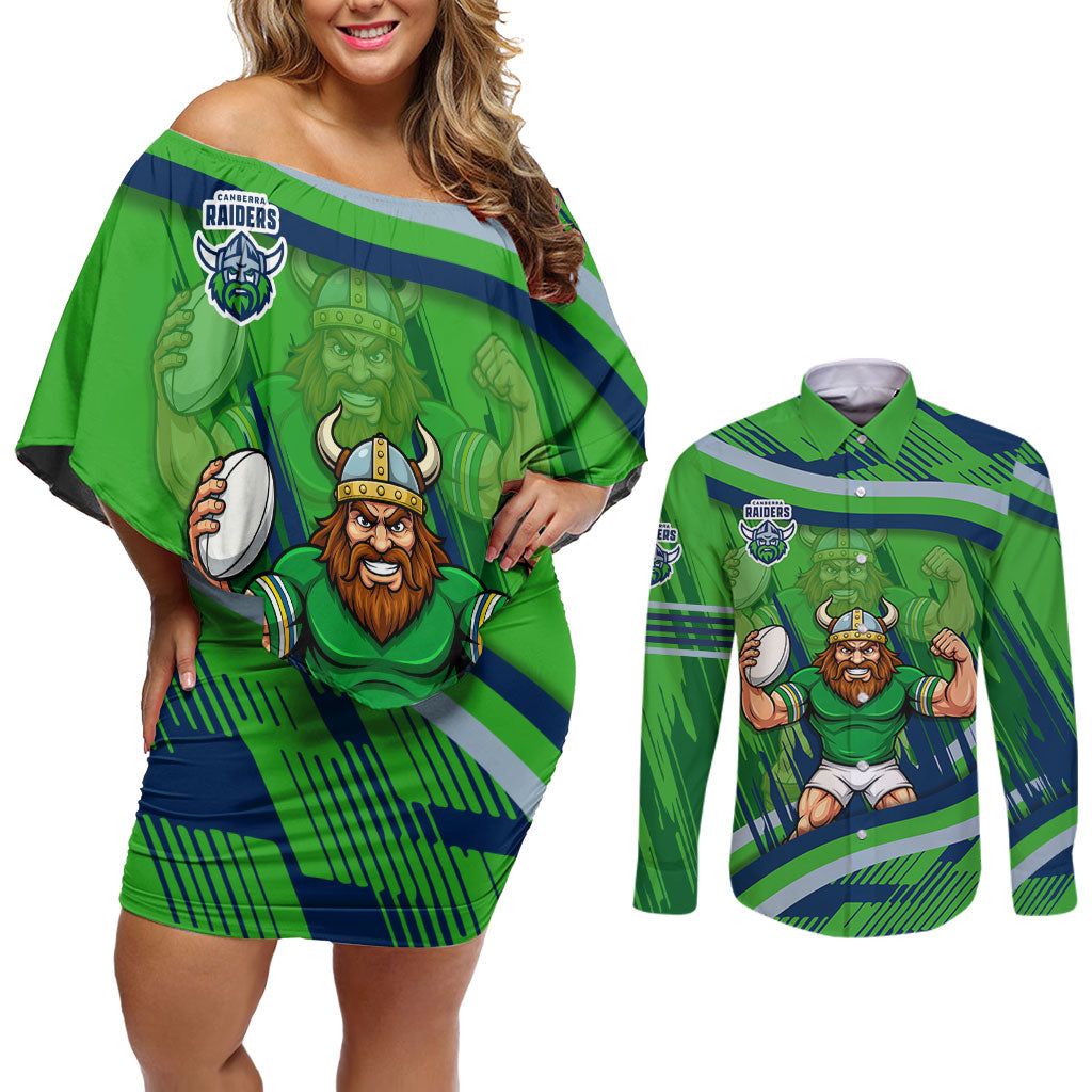 Canberra Raiders Rugby Mascot Couples Matching Off Shoulder Short Dress and Long Sleeve Button Shirt Fierce Athlete Graphic in Sports Style