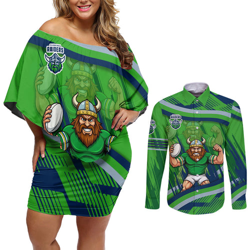 Canberra Raiders Rugby Mascot Couples Matching Off Shoulder Short Dress and Long Sleeve Button Shirt Fierce Athlete Graphic in Sports Style