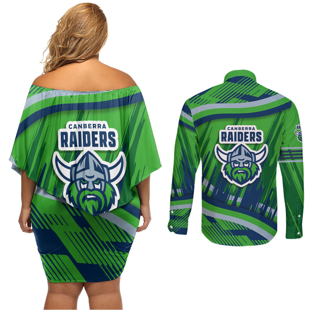 Canberra Raiders Rugby Mascot Couples Matching Off Shoulder Short Dress and Long Sleeve Button Shirt Fierce Athlete Graphic in Sports Style