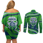 Canberra Raiders Rugby Mascot Couples Matching Off Shoulder Short Dress and Long Sleeve Button Shirt Fierce Athlete Graphic in Sports Style