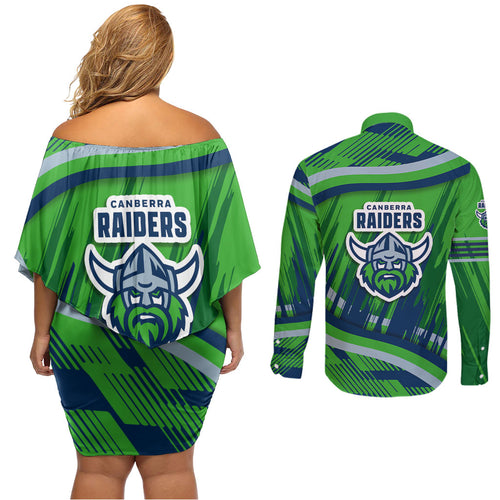 Canberra Raiders Rugby Mascot Couples Matching Off Shoulder Short Dress and Long Sleeve Button Shirt Fierce Athlete Graphic in Sports Style