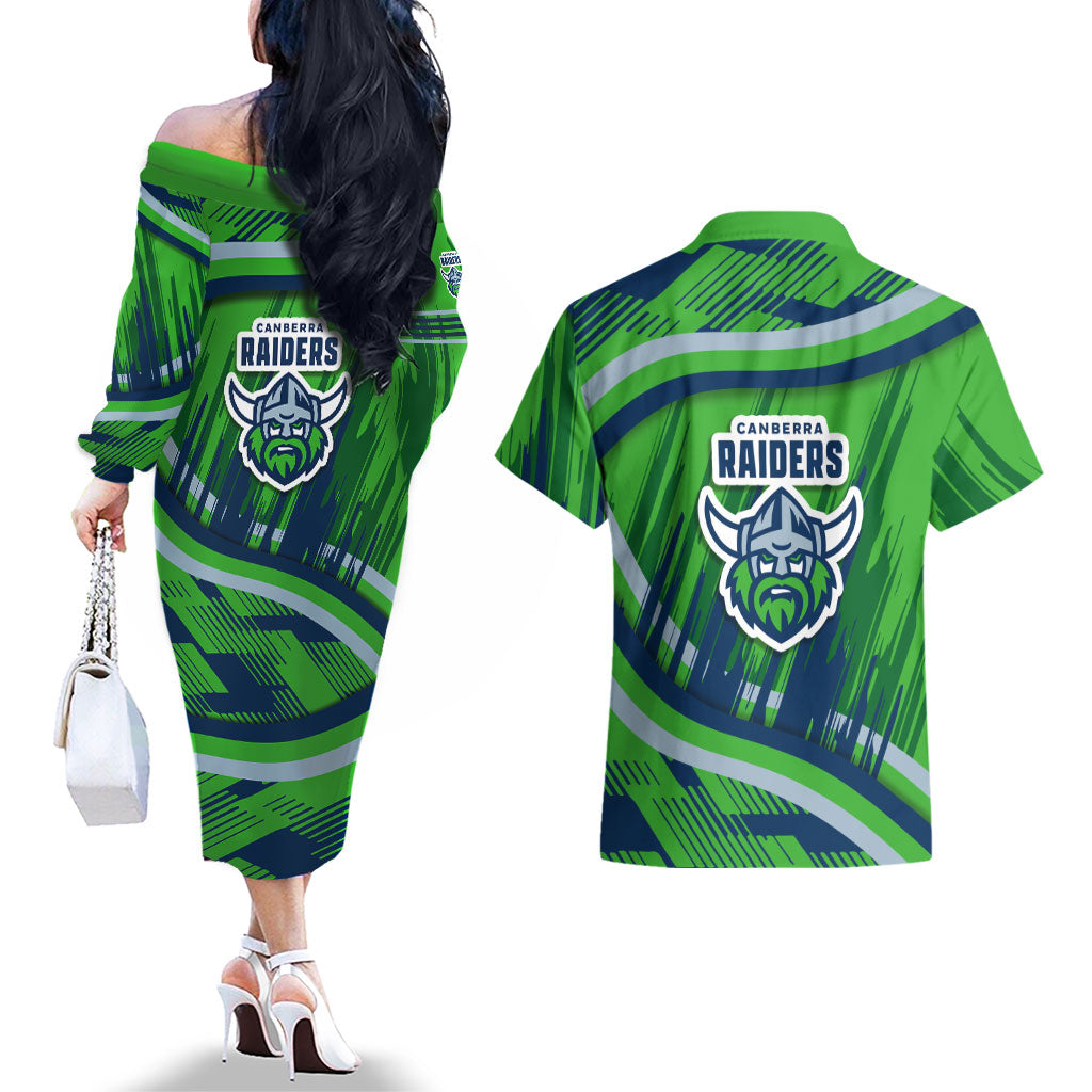 Canberra Raiders Rugby Mascot Couples Matching Off The Shoulder Long Sleeve Dress and Hawaiian Shirt Fierce Athlete Graphic in Sports Style