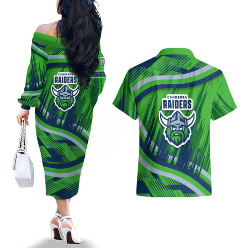 Canberra Raiders Rugby Mascot Couples Matching Off The Shoulder Long Sleeve Dress and Hawaiian Shirt Fierce Athlete Graphic in Sports Style