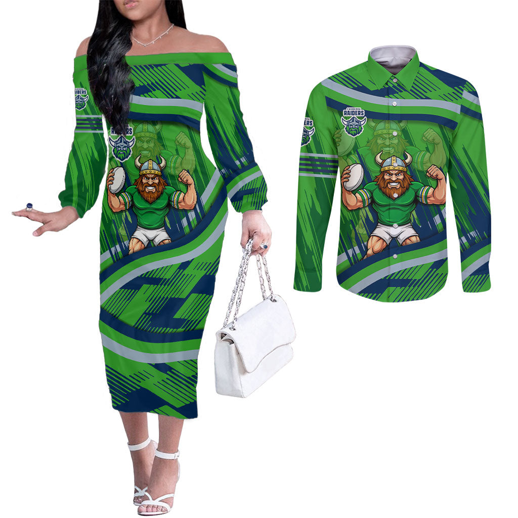 Canberra Raiders Rugby Mascot Couples Matching Off The Shoulder Long Sleeve Dress and Long Sleeve Button Shirt Fierce Athlete Graphic in Sports Style