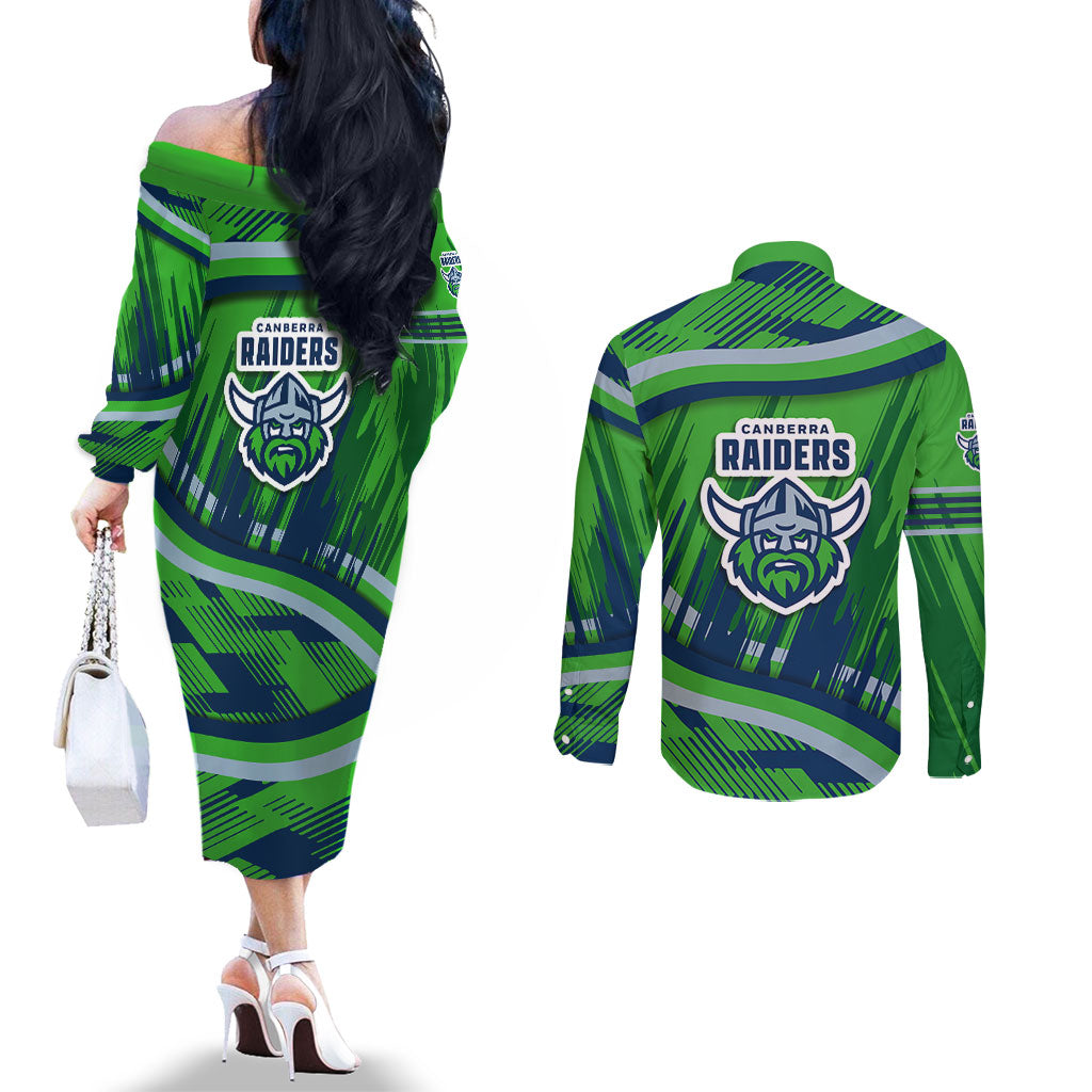 Canberra Raiders Rugby Mascot Couples Matching Off The Shoulder Long Sleeve Dress and Long Sleeve Button Shirt Fierce Athlete Graphic in Sports Style