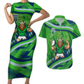 Canberra Raiders Rugby Mascot Couples Matching Short Sleeve Bodycon Dress and Hawaiian Shirt Fierce Athlete Graphic in Sports Style