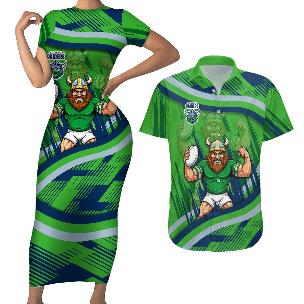 Canberra Raiders Rugby Mascot Couples Matching Short Sleeve Bodycon Dress and Hawaiian Shirt Fierce Athlete Graphic in Sports Style