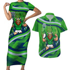 Canberra Raiders Rugby Mascot Couples Matching Short Sleeve Bodycon Dress and Hawaiian Shirt Fierce Athlete Graphic in Sports Style