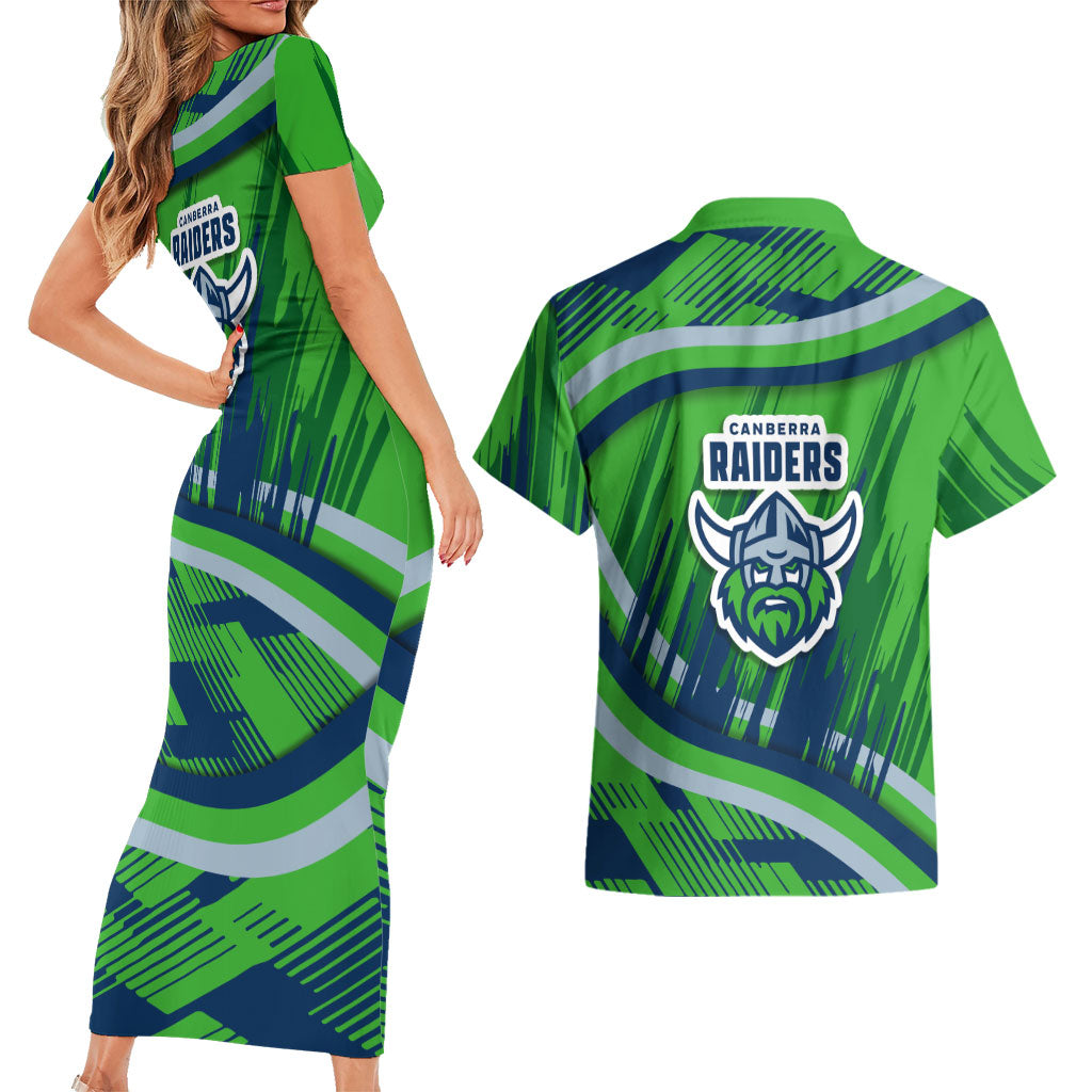 Canberra Raiders Rugby Mascot Couples Matching Short Sleeve Bodycon Dress and Hawaiian Shirt Fierce Athlete Graphic in Sports Style