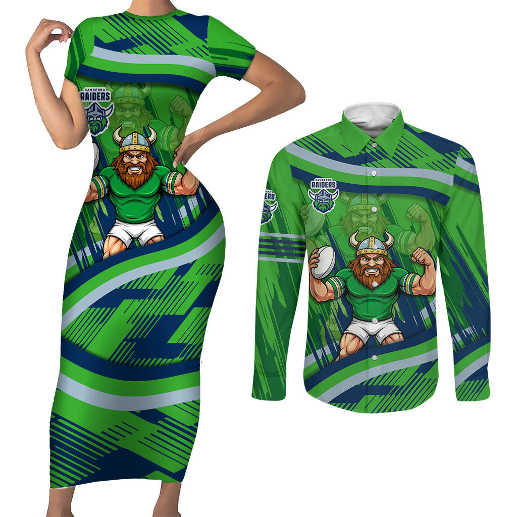 Canberra Raiders Rugby Mascot Couples Matching Short Sleeve Bodycon Dress and Long Sleeve Button Shirt Fierce Athlete Graphic in Sports Style