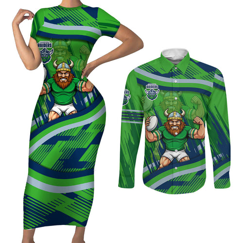Canberra Raiders Rugby Mascot Couples Matching Short Sleeve Bodycon Dress and Long Sleeve Button Shirt Fierce Athlete Graphic in Sports Style