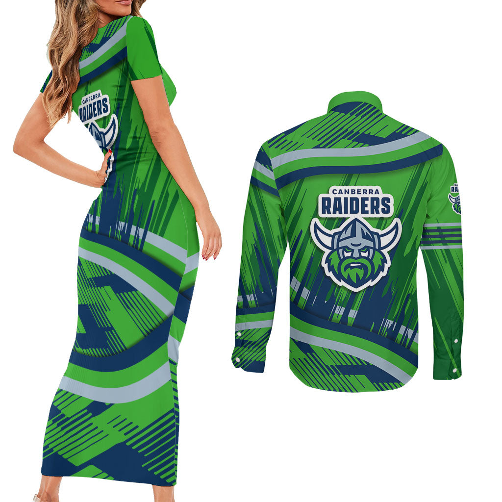 Canberra Raiders Rugby Mascot Couples Matching Short Sleeve Bodycon Dress and Long Sleeve Button Shirt Fierce Athlete Graphic in Sports Style