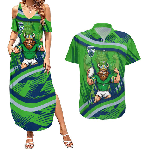Canberra Raiders Rugby Mascot Couples Matching Summer Maxi Dress and Hawaiian Shirt Fierce Athlete Graphic in Sports Style