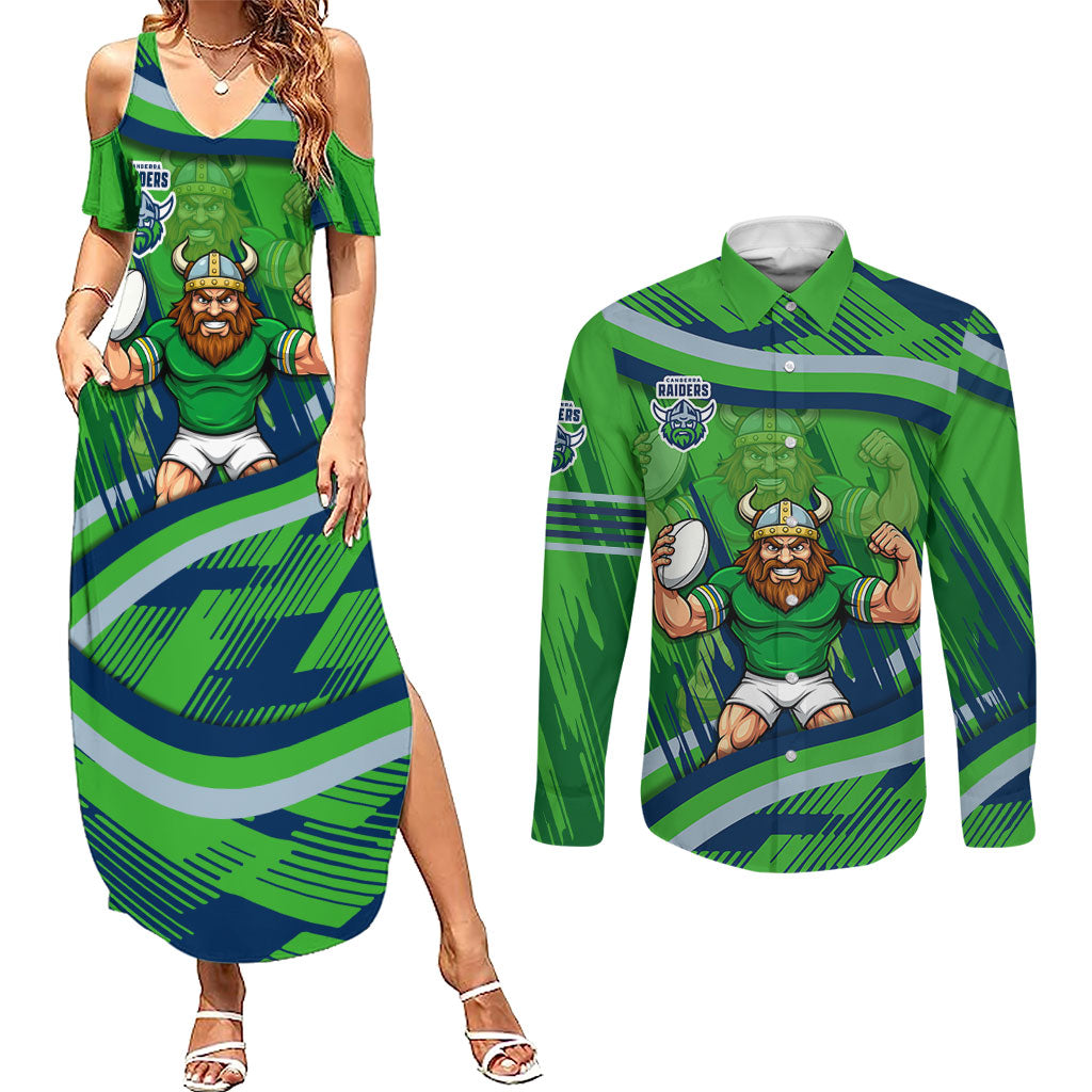 Canberra Raiders Rugby Mascot Couples Matching Summer Maxi Dress and Long Sleeve Button Shirt Fierce Athlete Graphic in Sports Style