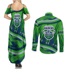 Canberra Raiders Rugby Mascot Couples Matching Summer Maxi Dress and Long Sleeve Button Shirt Fierce Athlete Graphic in Sports Style