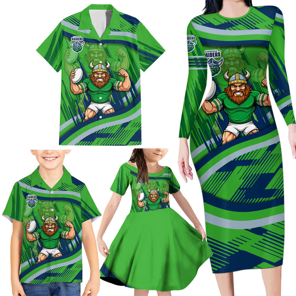 Canberra Raiders Rugby Mascot Family Matching Long Sleeve Bodycon Dress and Hawaiian Shirt Fierce Athlete Graphic in Sports Style
