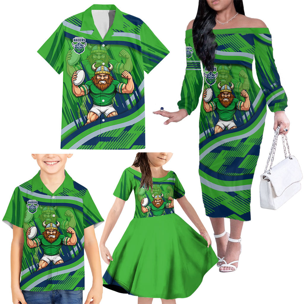 Canberra Raiders Rugby Mascot Family Matching Off The Shoulder Long Sleeve Dress and Hawaiian Shirt Fierce Athlete Graphic in Sports Style