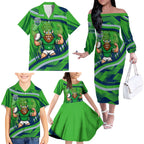 Canberra Raiders Rugby Mascot Family Matching Off The Shoulder Long Sleeve Dress and Hawaiian Shirt Fierce Athlete Graphic in Sports Style