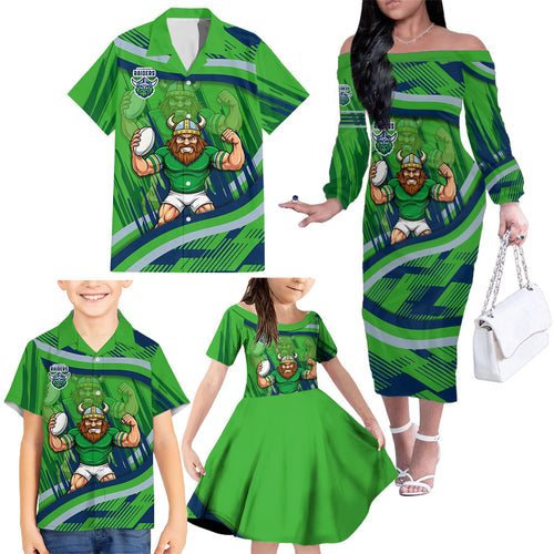 Canberra Raiders Rugby Mascot Family Matching Off The Shoulder Long Sleeve Dress and Hawaiian Shirt Fierce Athlete Graphic in Sports Style