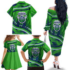 Canberra Raiders Rugby Mascot Family Matching Off The Shoulder Long Sleeve Dress and Hawaiian Shirt Fierce Athlete Graphic in Sports Style
