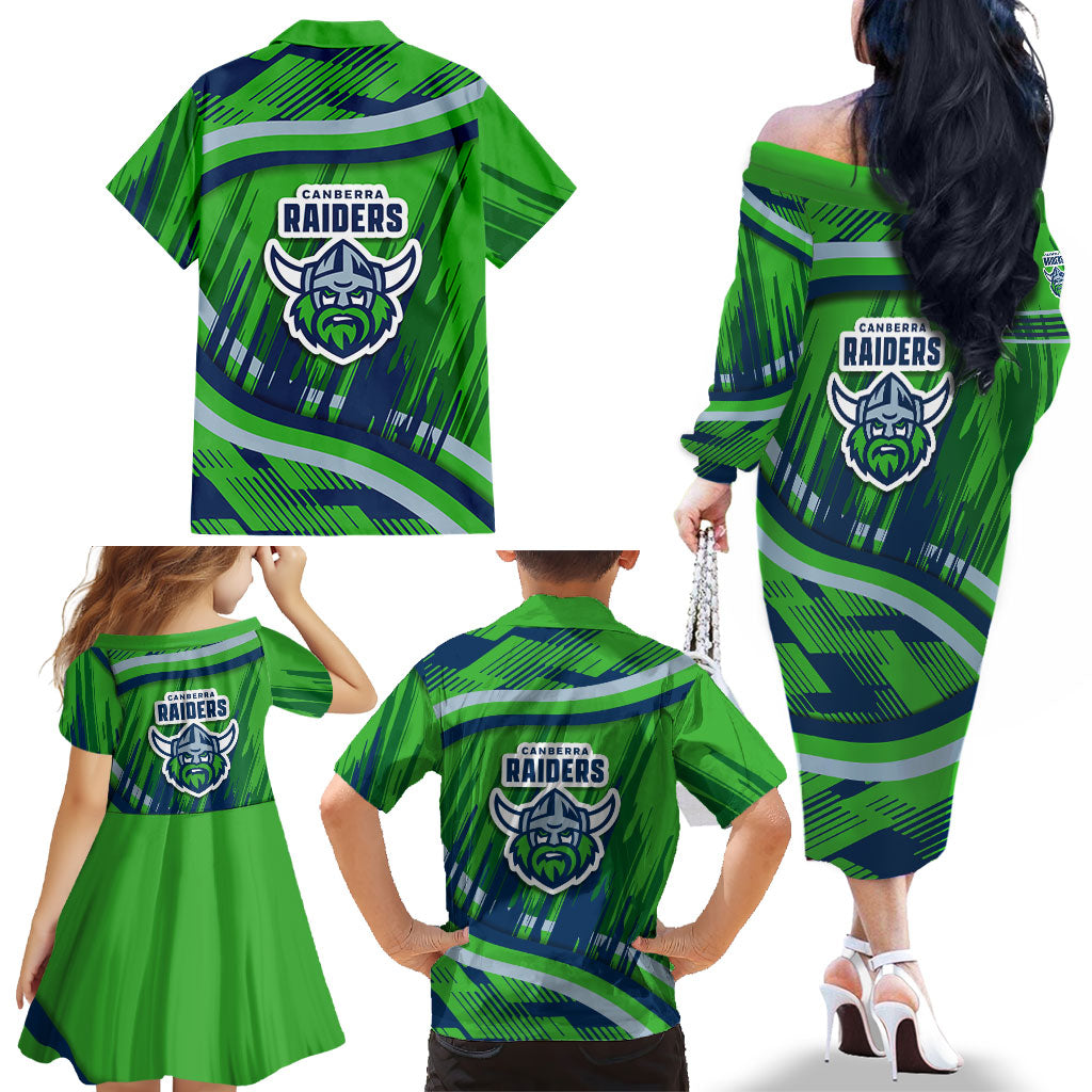 Canberra Raiders Rugby Mascot Family Matching Off The Shoulder Long Sleeve Dress and Hawaiian Shirt Fierce Athlete Graphic in Sports Style