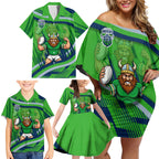 Canberra Raiders Rugby Mascot Family Matching Off Shoulder Short Dress and Hawaiian Shirt Fierce Athlete Graphic in Sports Style