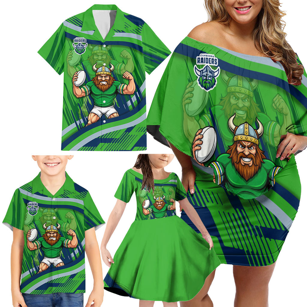 Canberra Raiders Rugby Mascot Family Matching Off Shoulder Short Dress and Hawaiian Shirt Fierce Athlete Graphic in Sports Style