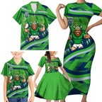 Canberra Raiders Rugby Mascot Family Matching Short Sleeve Bodycon Dress and Hawaiian Shirt Fierce Athlete Graphic in Sports Style