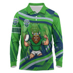 Canberra Raiders Rugby Mascot Long Sleeve Polo Shirt Fierce Athlete Graphic in Sports Style