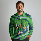 Canberra Raiders Rugby Mascot Long Sleeve Polo Shirt Fierce Athlete Graphic in Sports Style