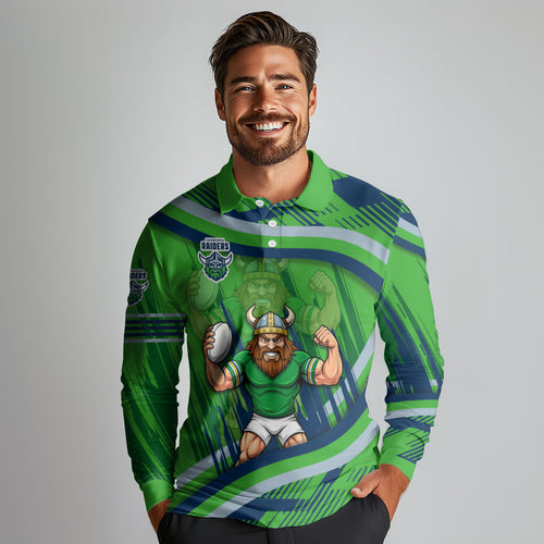 Canberra Raiders Rugby Mascot Long Sleeve Polo Shirt Fierce Athlete Graphic in Sports Style