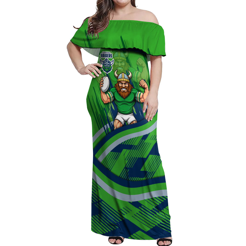 Canberra Raiders Rugby Mascot Off Shoulder Maxi Dress Fierce Athlete Graphic in Sports Style