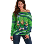 Canberra Raiders Rugby Mascot Off Shoulder Sweater Fierce Athlete Graphic in Sports Style