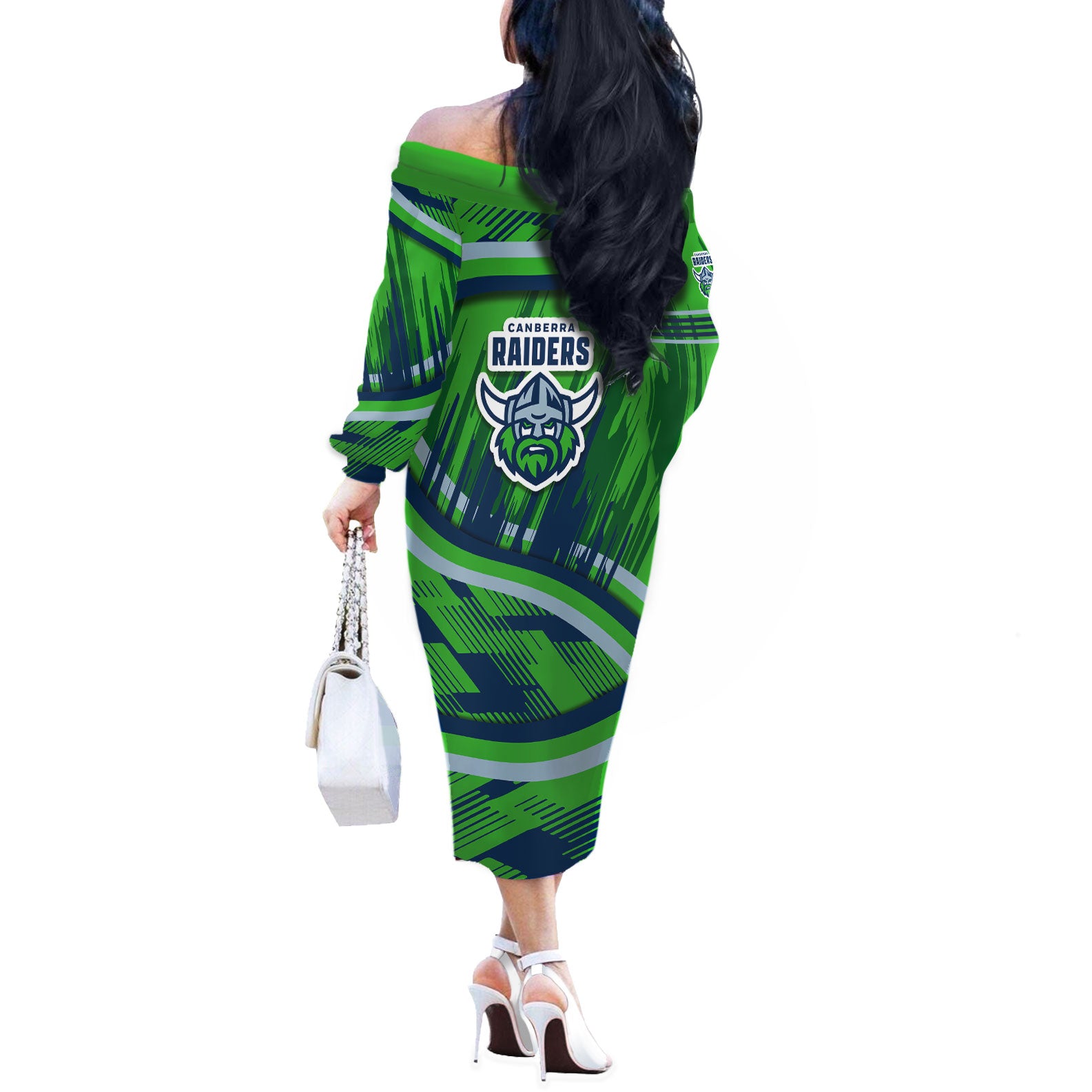 Canberra Raiders Rugby Mascot Off The Shoulder Long Sleeve Dress Fierce Athlete Graphic in Sports Style
