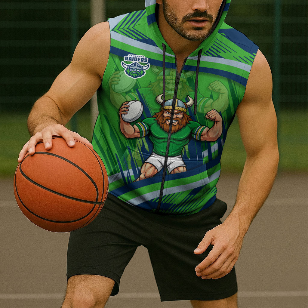 Canberra Raiders Rugby Mascot Sleeveless Zip Hoodie Fierce Athlete Graphic in Sports Style